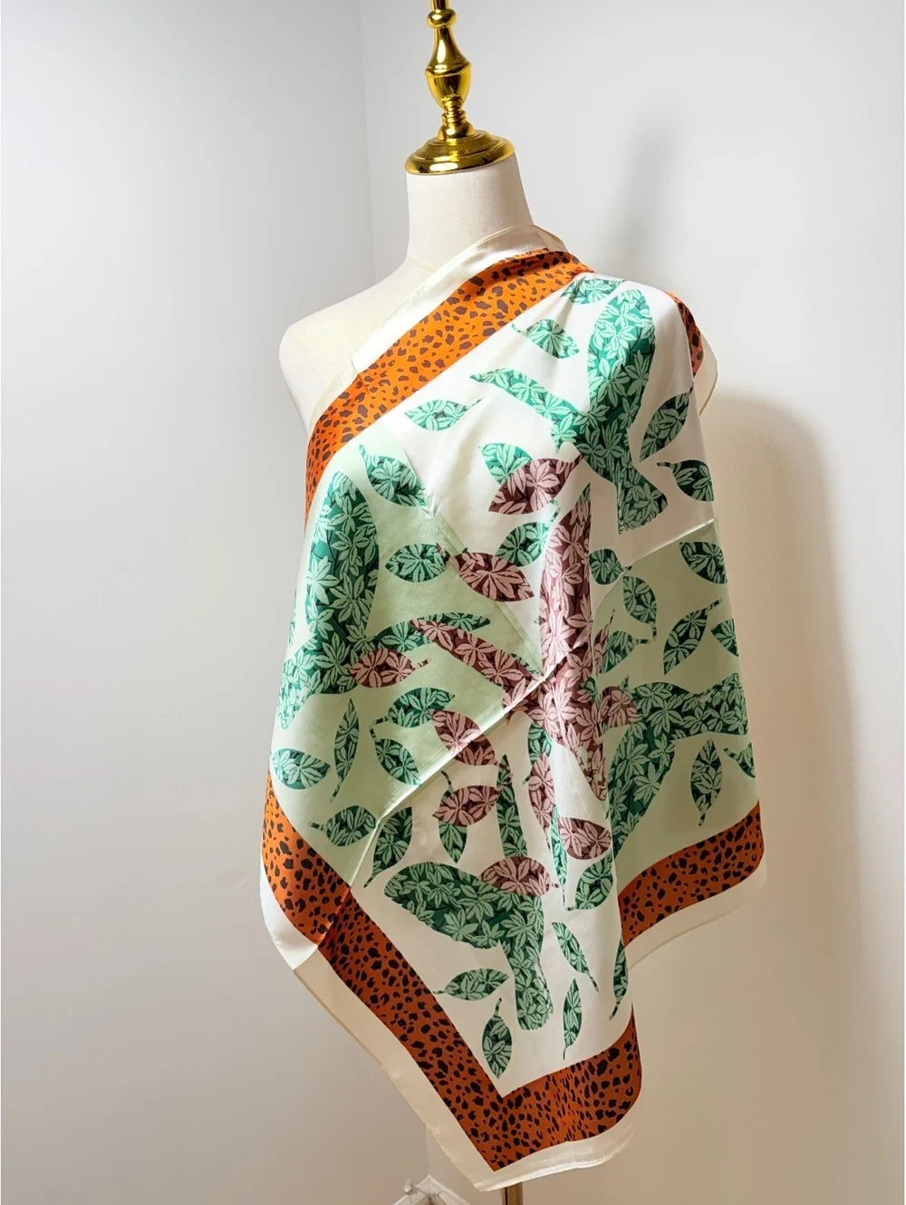 Vintage Floral Leaf Print Square Scarf with Orange Leopard Border